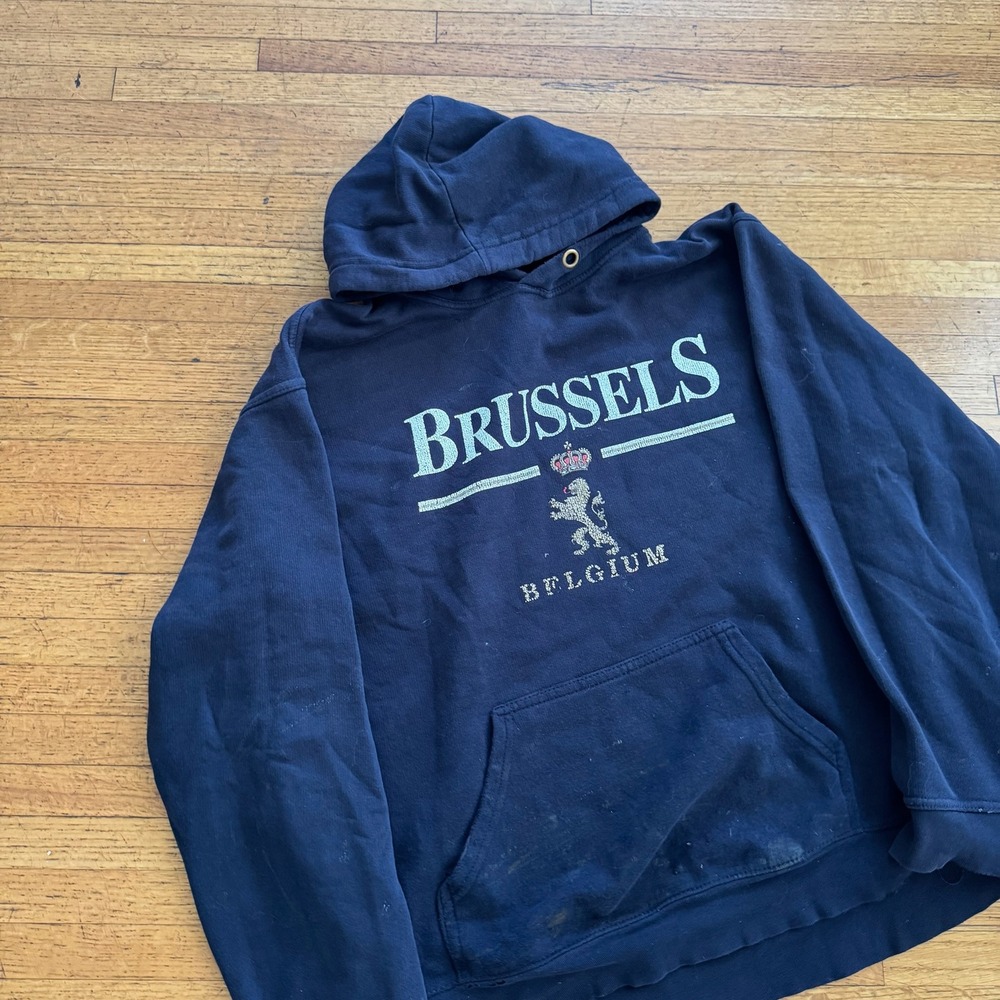Brussels Hoodie Mens L Navy Blue Fair Distressed Souvenir Lion Crest